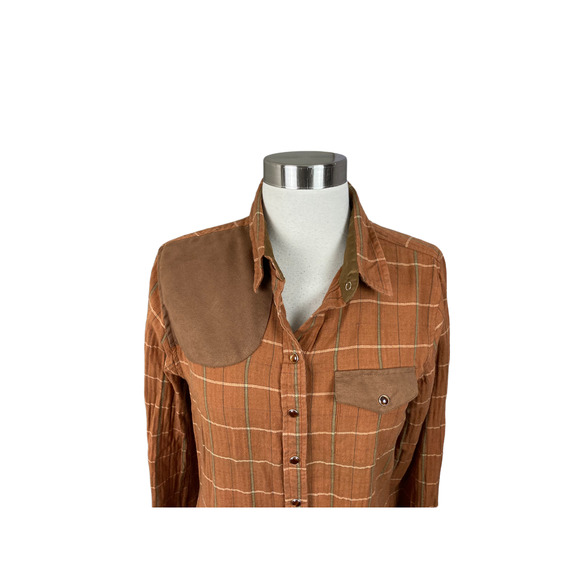 Tasha Polizzi Rust Brown Plaid Snap Front Faux Suede Detail LS Shirt - Picture 2 of 4